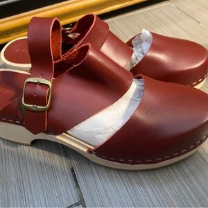 Stylish Red Leather Mules with faux buckle